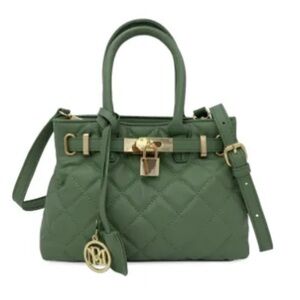 Small Badgley Mischka Chive Quilted Tote Bag with front lock & BM pendant—New